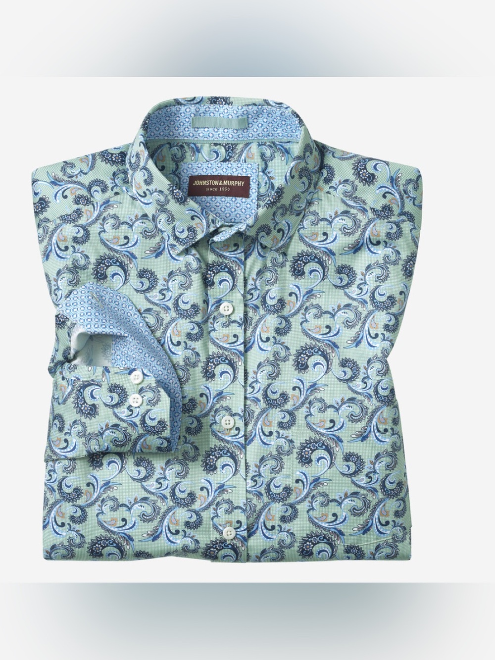 JOHNSTON & MURPHY men’s Printed Cotton Shirt In Green Checkered Paisley